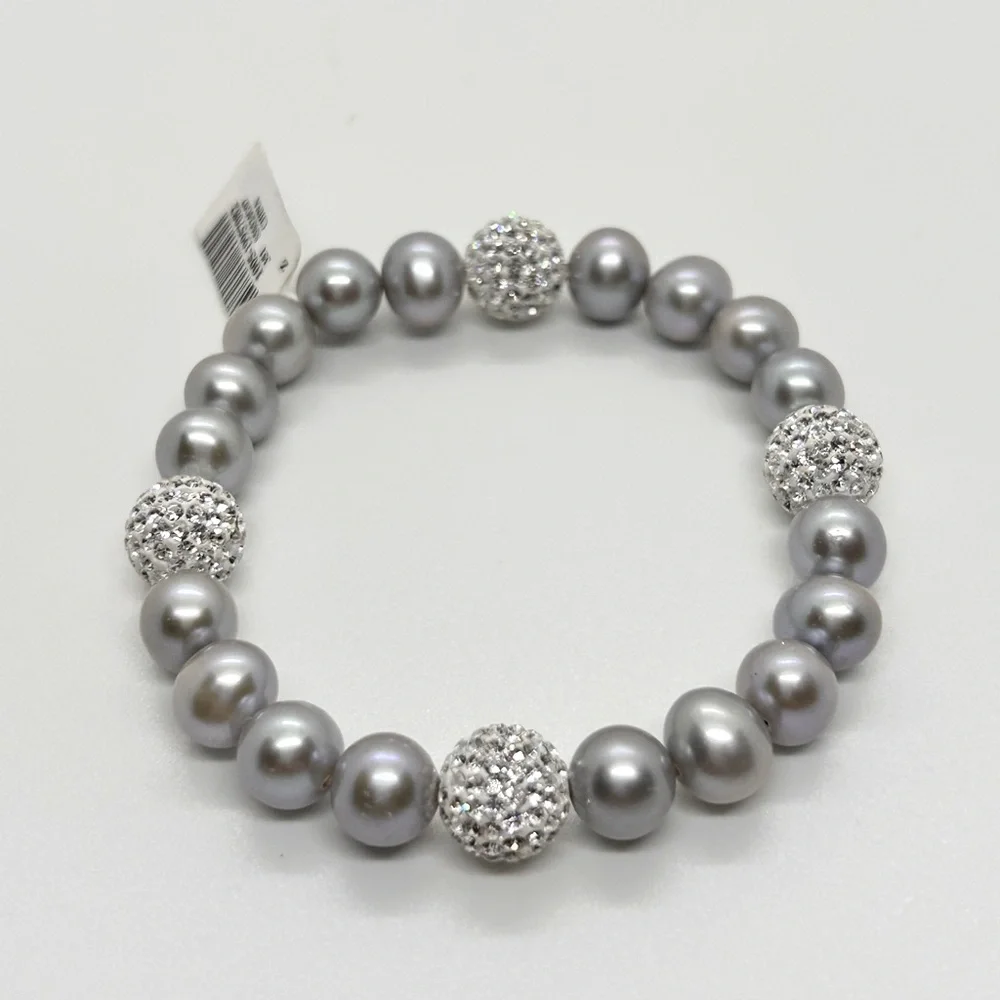 8-9mm Grey Freshwater Pearl Disco Ball Crystal Stretch Bracelet